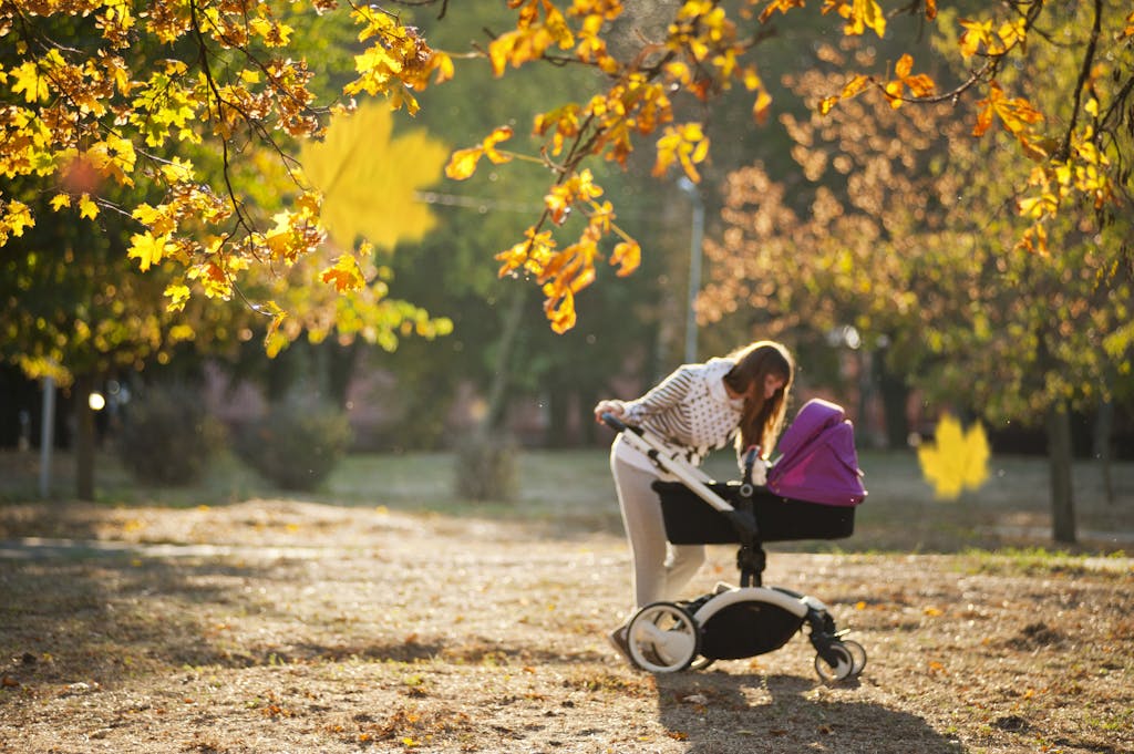 Woman In Grey Pants Holding Black And Purple Stroller